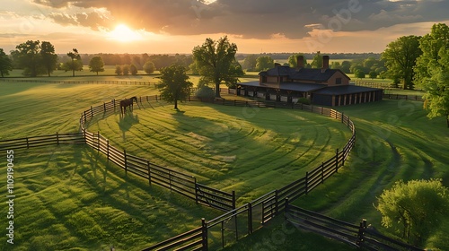 Aerial view of stables and fences at a horse farm in Lexington, Kentucky