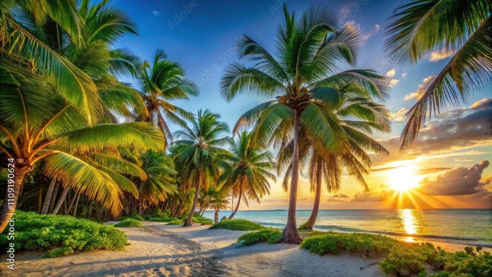 Fototapeta premium A tropical beach with palm trees swaying in the breeze as the sun sets over the horizon casting a golden glow over the turquoise water