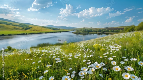 Beautiful summer or spring panoramic rural landscape with calm river and green hills with blooming wild flowers and trees at sunny summer day.River Upa in Tula region,Russia. photo