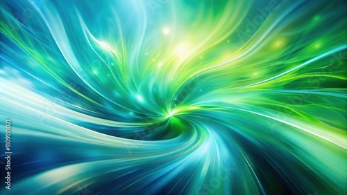 Abstract swirl of light in blue and green hues with radiating lines and glowing particles.