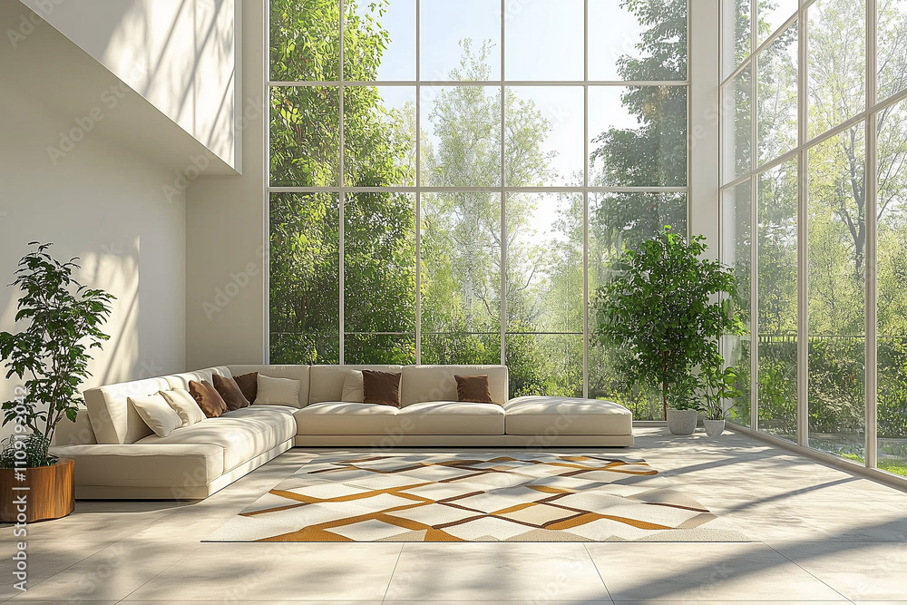 Living room features large cream sofa with geometric rug next to floor-to-ceiling windows Living room features large cream sofa with geometric rug next to floor-to-ceiling windows