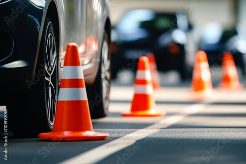 Driving School Car Maneuvers with Cones - Car parked near traffic cones, symbolizes driving lessons, road safety, skill, and precision.  Perfect for driving school marketing.
