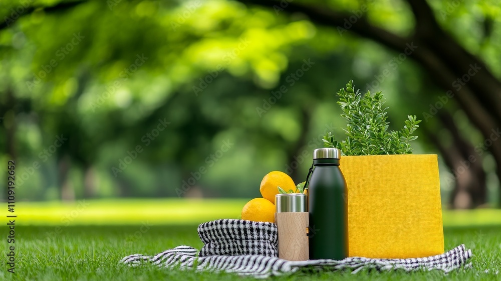Fototapeta premium Eco-Friendly Picnic in the Park - Sustainable picnic scene featuring reusable water bottles, lemons, and a yellow eco bag in a lush green park. Represents eco-consciousness, healthy eating, outdoor r