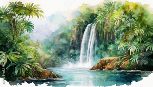 Watercolor waterfall and jungle greenery. Rain forest background, natural summer tropical landscape