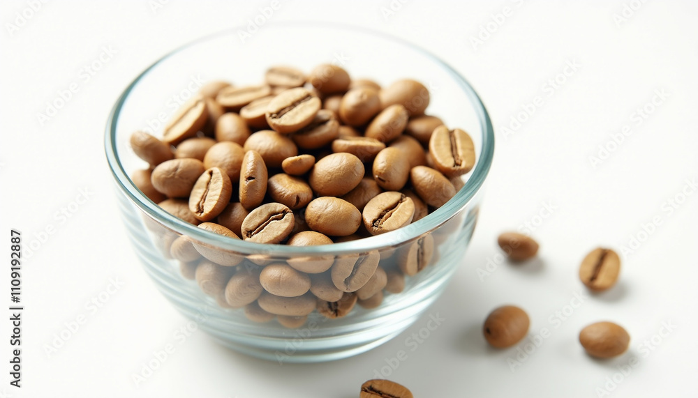 A glass bowl filled with light brown roasted coffee beans ready for brewing. A glass bowl filled with light brown roasted coffee beans ready for brewing.