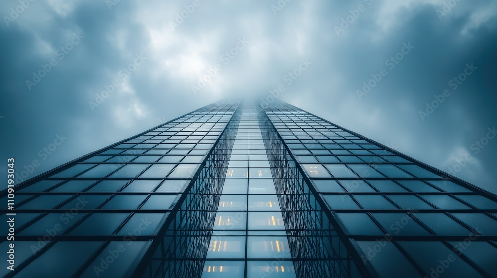 Fototapeta premium Skyscraper Reaching into the Clouds: A Dynamic Perspective of Modern Architecture under a Dramatic Sky Filled with Gray Clouds and Mystique