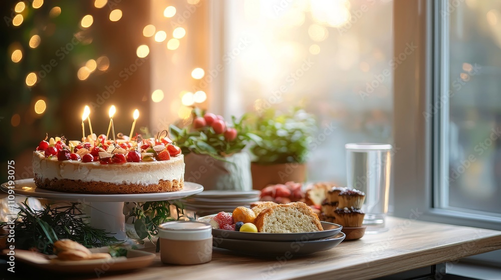 custom made wallpaper toronto digitalFestive birthday celebration cozy kitchen food photography warm environment close-up view joyful moments with cake and treats