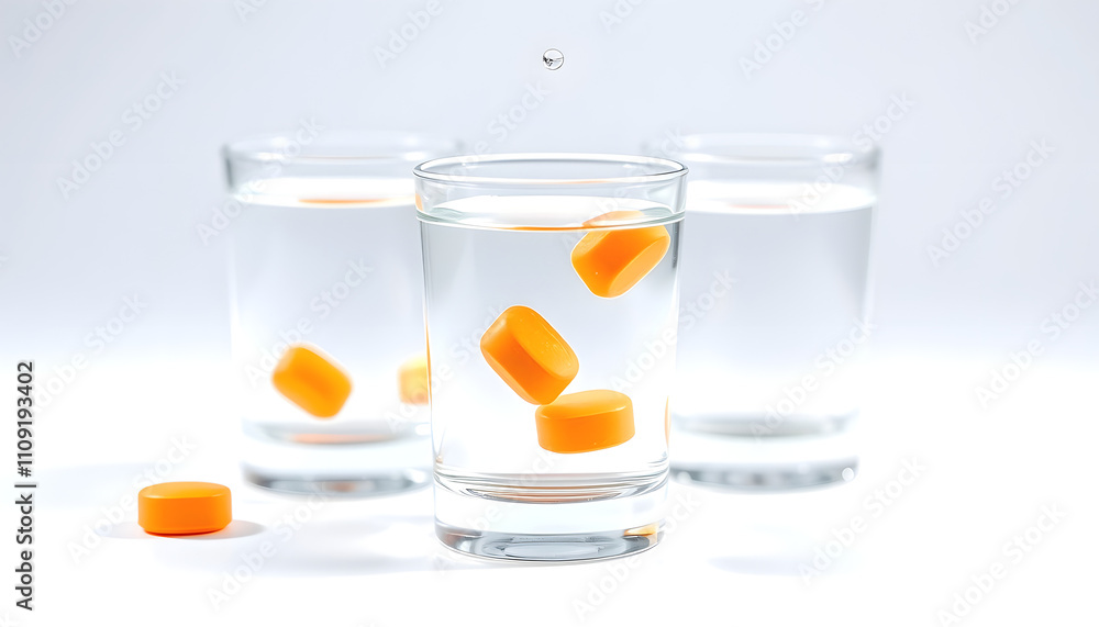 Series of orange flavored vitamin c effervescent tablet dropped and dissolve in glass of water with a white accent, png Series of orange flavored vitamin c effervescent tablet dropped and dissolve in glass of water with a white accent, png