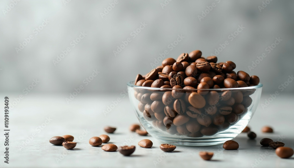 Fototapeta premium Glass bowl with roasted coffee beans on gray surface.