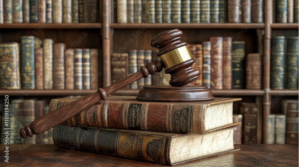 Wooden gavel on a library table surrounded by bookshelves, symbolizing law, justice, and intellectual rights, ideal for legal and academic concepts. Wooden gavel on a library table surrounded by bookshelves, symbolizing law, justice, and intellectual rights, ideal for legal and academic concepts.