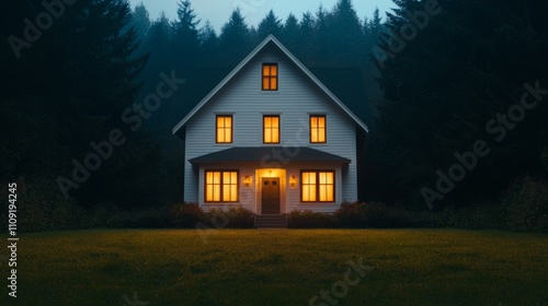 Cozy illuminated home serene forest photography evening atmosphere frontal view tranquil living concept