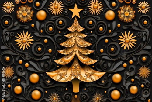 Elegant Gold and Black Christmas Tree Seamless Pattern - Festive Christmas design, gold tree, black background, ornate swirls, seamless pattern. Symbolizes elegance, celebration, tradition, luxury, wi photo