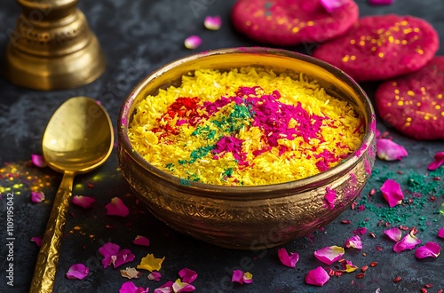 Holi kheer with colorful powder and traditional decor on table photo