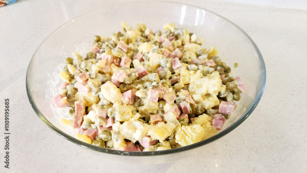 chopped Olivier salad, eggs, potatoes, cucumber, sausage. chopped Olivier salad, eggs, potatoes, cucumber, sausage.