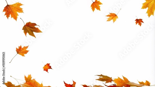 Colorful autumn leaves falling against a white background, creating an abstract and vibrant seasonal display.