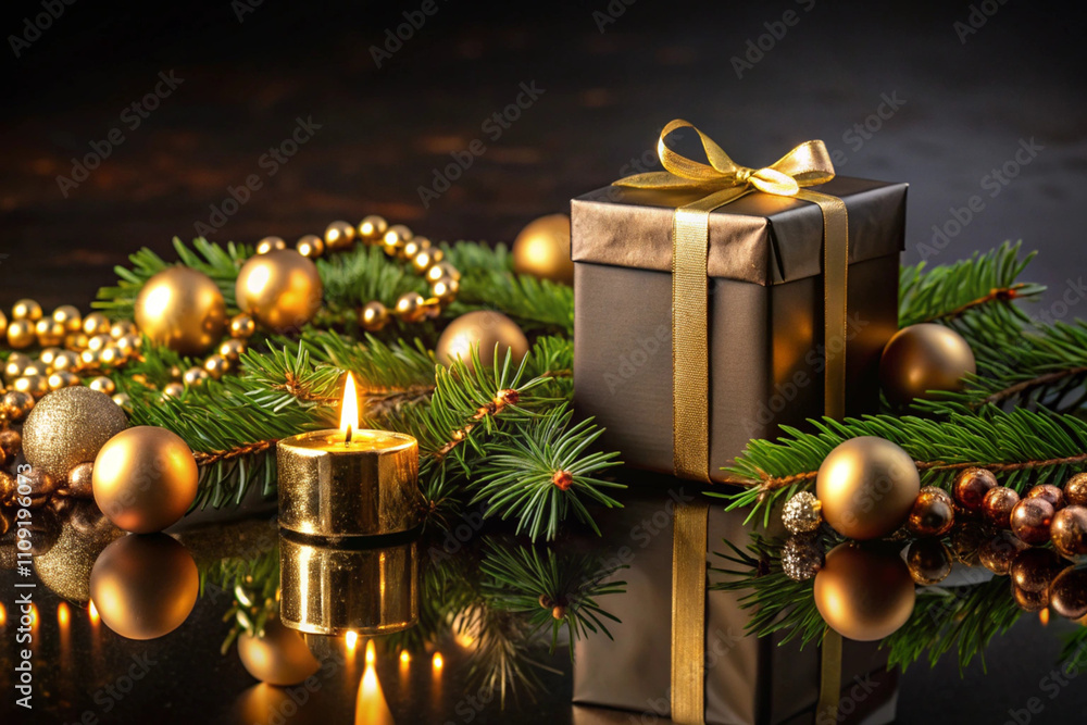 Luxurious Christmas Gift with Golden Ornaments and Candlelight Luxurious Christmas Gift with Golden Ornaments and Candlelight