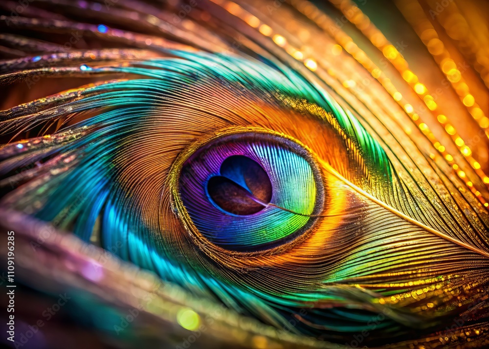 Obraz premium Stunning Macro Shot of an Eye-Shaped Feather Highlighting Intricate Textures and Vivid Colors, Perfect for Nature and Wildlife Photography Enthusiasts