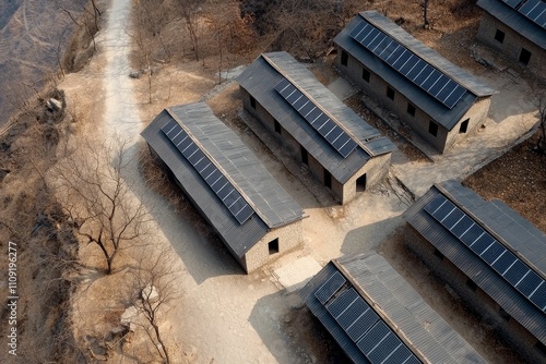 Remote village revitalized with prefabricated infrastructure and solar energy, infrastructure innovation, focusing on sustainability photo