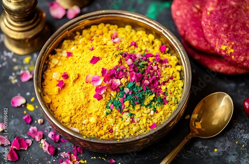 Holi kheer with colorful powder and traditional decor on table photo