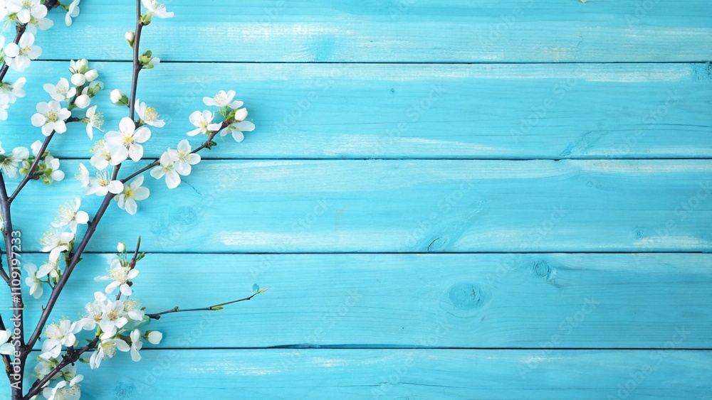 Fototapeta premium White blossoms on a vibrant blue wooden backdrop, creating a cheerful spring atmosphere ideal for text or promotional use.