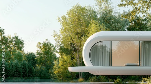 construction technology infrastructure prefabrication concept, A sleek, modern house nestled among lush greenery, showcasing a minimalist design with large windows and a serene outdoor setting.