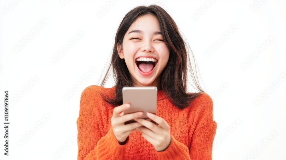 Happy Woman Smiling While Using Smartphone Happy Woman Smiling While Using Smartphone
