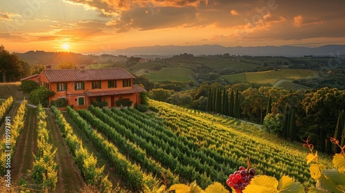 Sunset over a vineyard in Tuscany