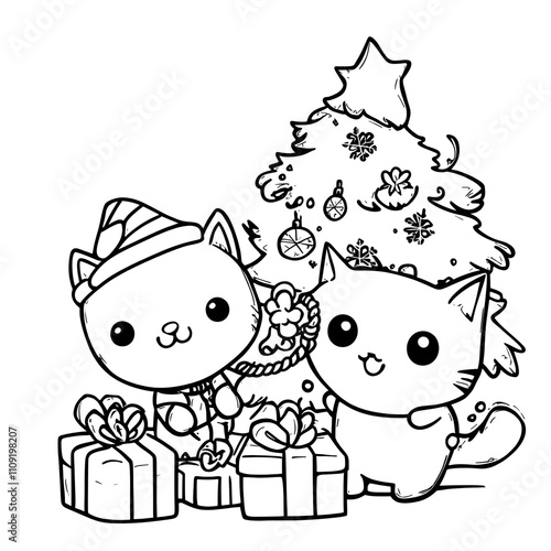 Adorable kittens surrounded by gifts and a decorated Christmas tree, capturing the festive spirit. Perfect for holiday-themed projects and illustrations.