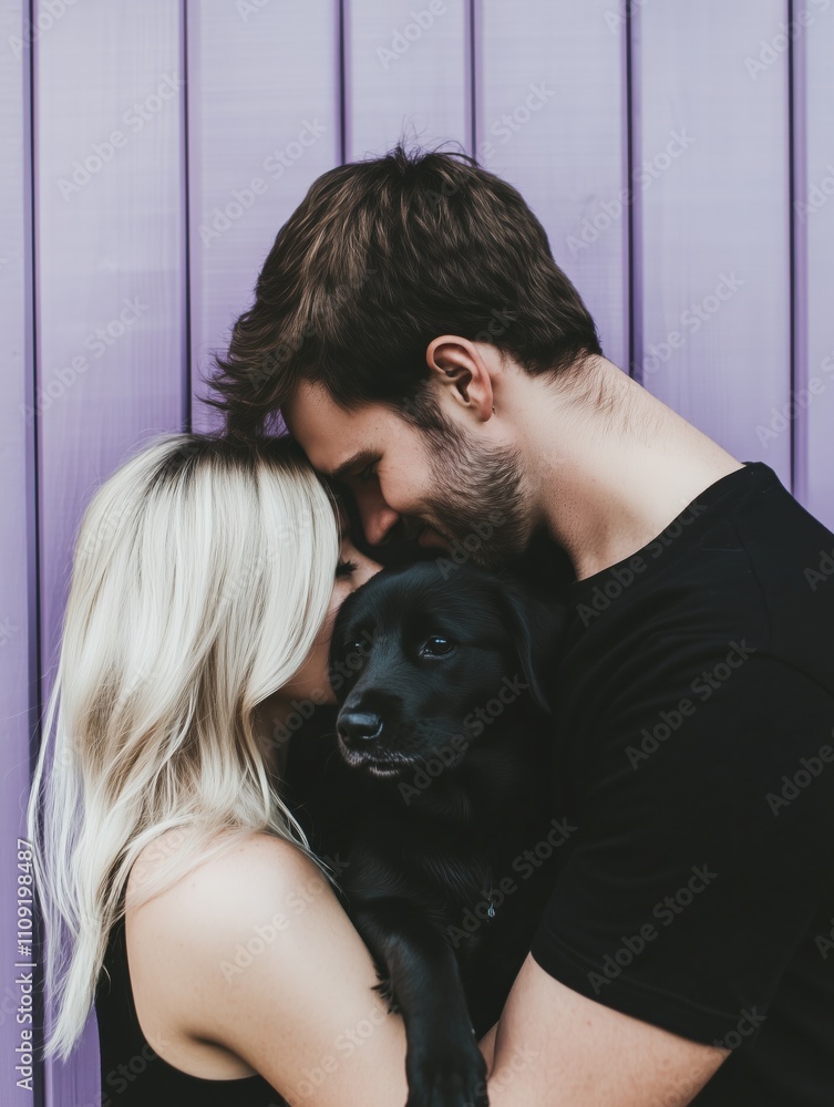 Young couple embracing with a black Labrador puppy against a purple wooden background Young couple embracing with a black Labrador puppy against a purple wooden background