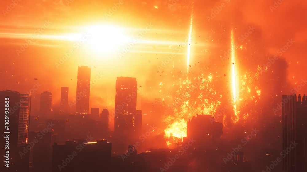 Fototapeta premium glowing fiery rays fall vertically down from the sky at the moment of explosion in the metapolitics of the apocalypse