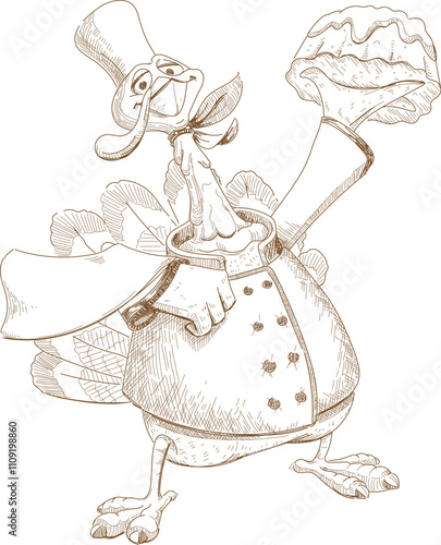 Waiter chef turkey hold dessert black and white drawing. Vector illustration