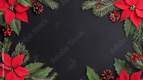 Festive Holiday Decor with Poinsettias and Pine Cones on a Dark Background