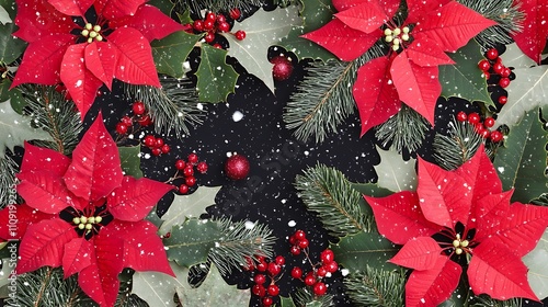 Festive Holiday Decor with Poinsettias and Pine Cones on a Dark Background