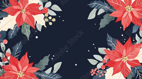Festive Holiday Decor with Poinsettias and Pine Cones on a Dark Background