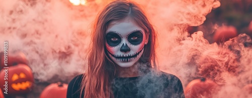 a Halloween party, a little girl with face paint in skull makeup surrounded by pumpkins and smoke photo