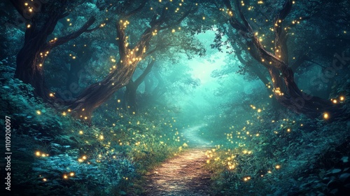 Wallpaper Mural Magical forest path at night, glowing fireflies, trees, mist. Torontodigital.ca