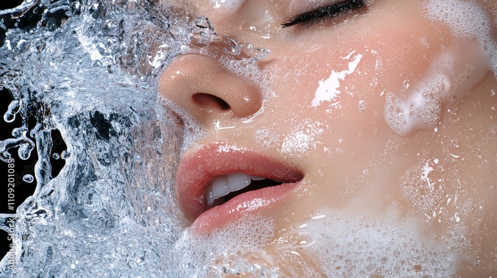 Fototapeta premium Close-up of a woman washing her face with water, perfect for spa, skincare, and beauty salon branding or promotional designs.