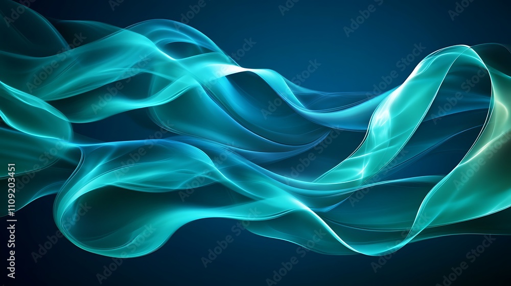 Fototapeta premium A mesmerizing abstract composition of turquoise and indigo smoke, curling and intertwining like ribbons on a midnight blue, glowing as if lit from within.