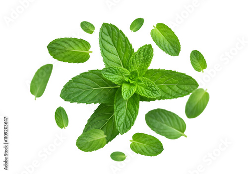 Vibrant Green Mint Leaves in Mid-Air, , Dynamic Composition, Freshness and Vitality isolated on transparent or white background