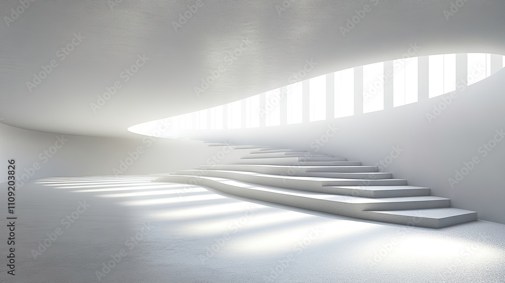 Fototapeta premium A white modern room with curved stairs and rows of windows.
