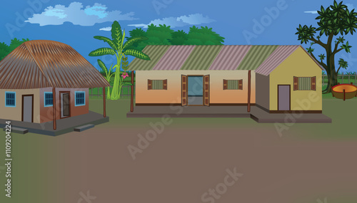 Rural village scene vector illustration with traditional houses, greenery, banana trees and outdoor space - suitable for design projects