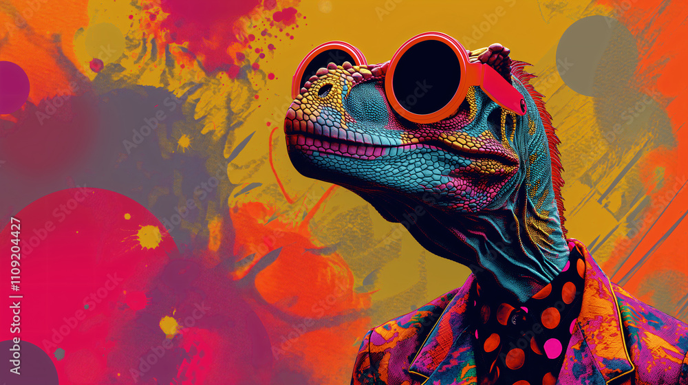 Obraz premium stylish dinosaur wearing a orange sunglasses and abstract painted wall 