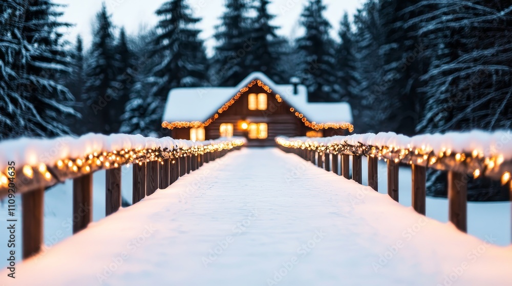 Fototapeta premium Winter wonderland cozy cabin retreat snow-covered pathway festive lights nature's beauty tranquil escape seasonal serenity