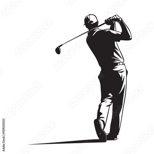 Black and White Minimalist Golfer Mid-Swing Illustration