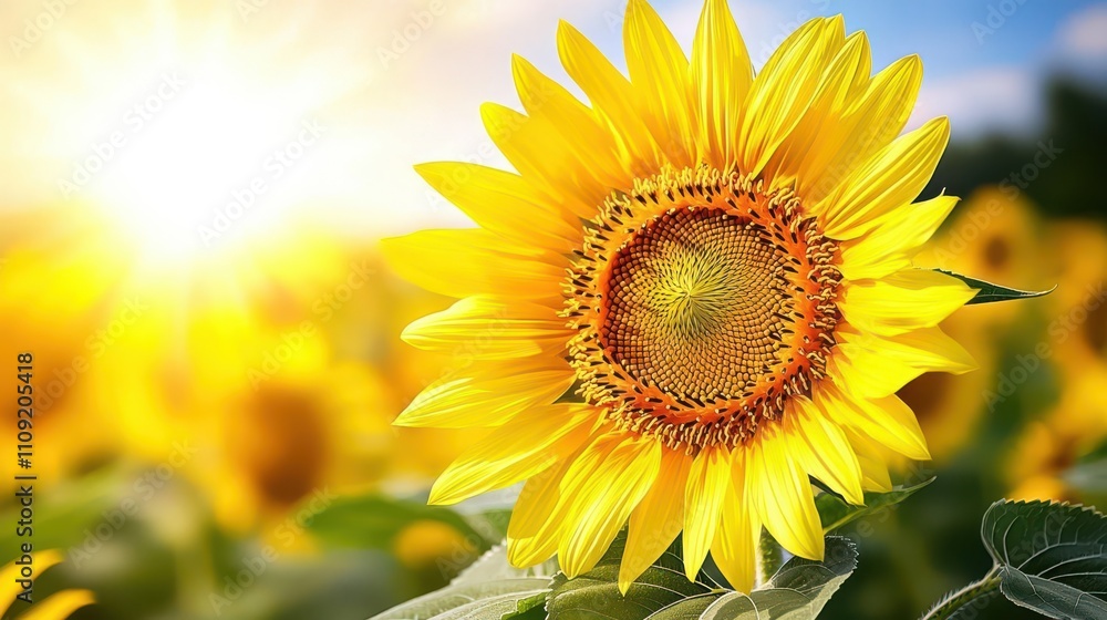 Fototapeta premium Vibrant sunflower blooms under bright sunlight in a field.