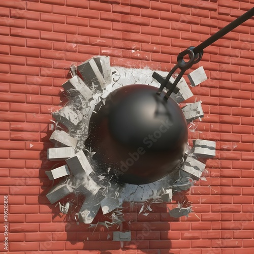 wrecking ball is smashing into a brick wall isolated