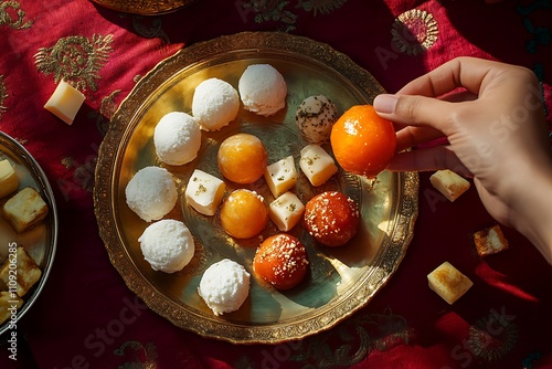 Plate of colorful, Indian-traditional sweets, laddoos, holi photo