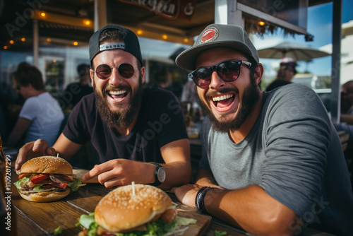 Two smiling male friends having fun sitting at a restaurant and eating burgers.