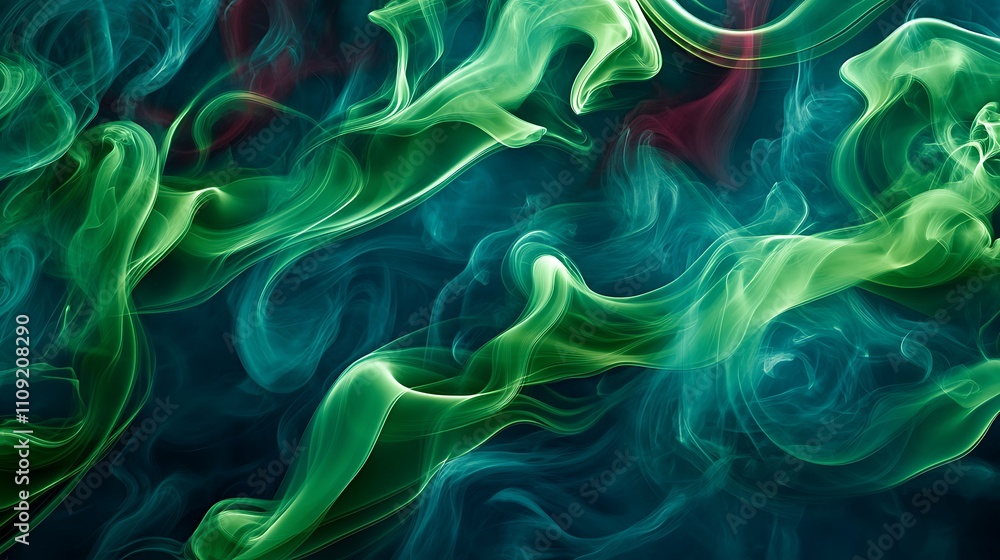 Obraz premium A mesmerizing abstract composition of emerald green and maroon smoke, curling and intertwining like ribbons on a midnight blue, glowing as if lit from within.