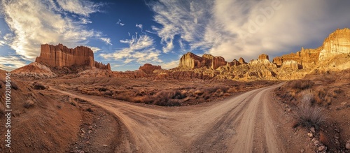 Wallpaper Mural A dirt road forks in a desert landscape with red rock cliffs and blue sky. Torontodigital.ca